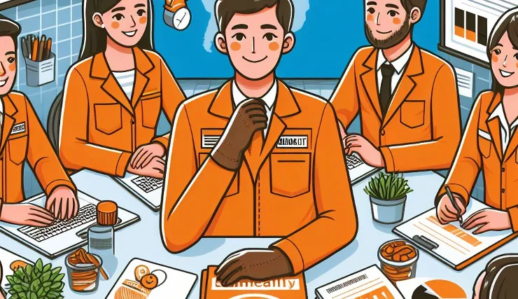 people wearing orange suite working on the marketing for a brand