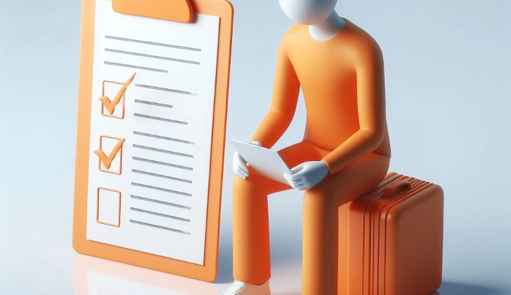 A man wearing an orange suit following a checklist